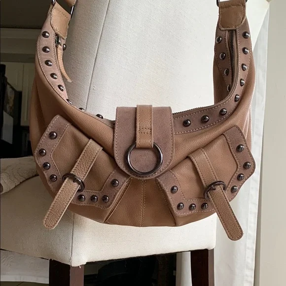 Free People Tan Studded Leather Shoulder Bag - Picture 1 of 17